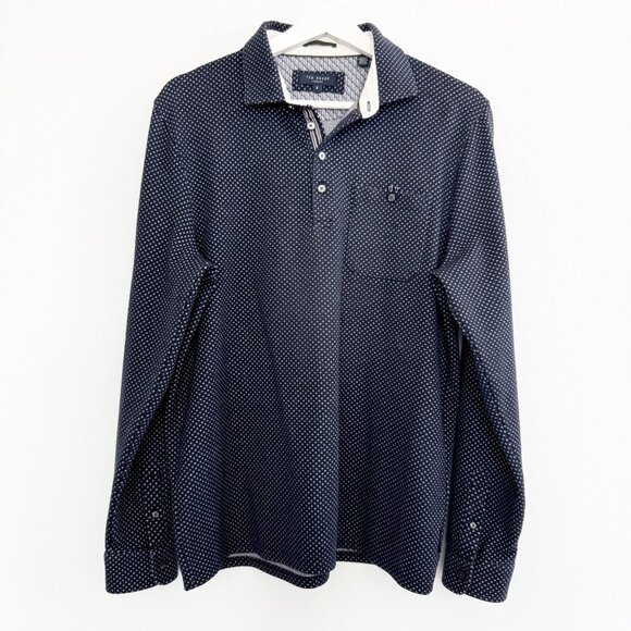 Ted Baker Men's Outof Micro Print Long Sleeve Polo Shirt Work Navy Blue 4 Large - Picture 3 of 9
